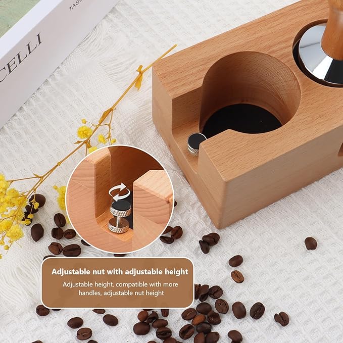 7Pcs Wooden Espresso Kit 51mm, Espresso Tamping Station, Coffee Distributor and Tamper Set, Wooden Coffee Bar Accessories with WDT Stirrer, Latte Pen, Paper Filters, Brush for Home Coffe House