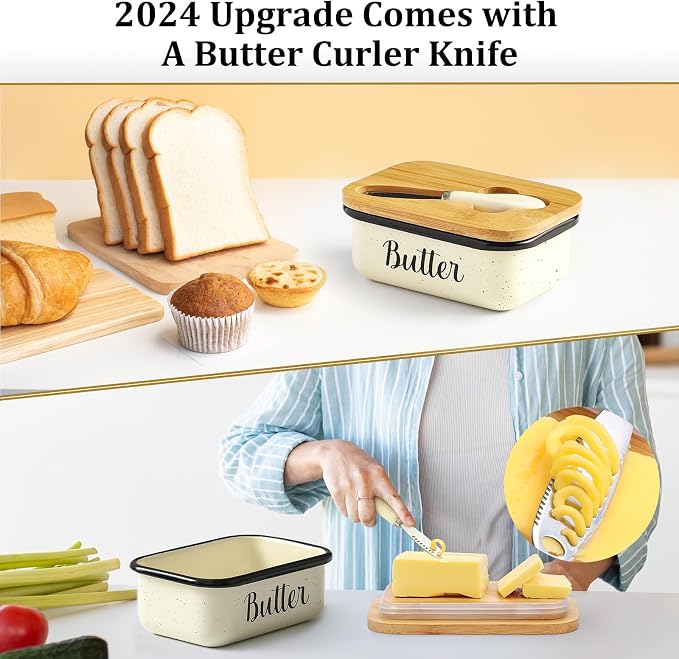 LANDNEOO Butter Dish with Lid and Butter Curler Knife, Unbreakable Metal Keeper Container Double Silicone Sealing, Speckled White, 6.2'L x 4.2' W x 2.2' H, 2 Sticks Capacity, Stainless Steel, Bamboo - Image 2