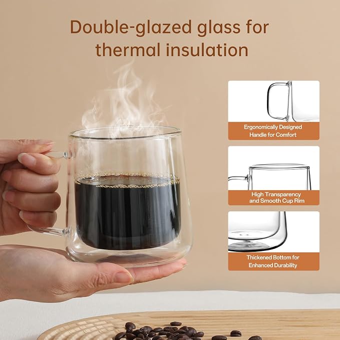 Aurzen 13oz Glass Coffee Mugs,Double Wall Insulated Glass Cups with Handle,Clear Espresso Mugs for Latte,Cappuccino,Tea Bag (2, 13oz) - Image 4