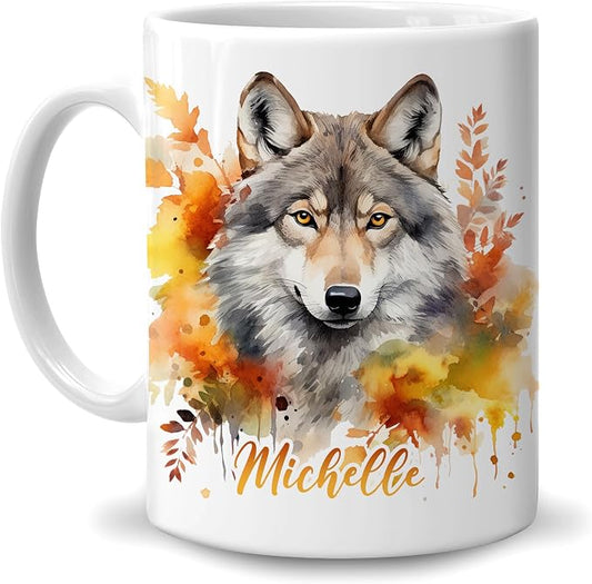 Hyturtle Personalized Fall Wolf Coffee Mug, Fall Autumn Décor | Birthday Gifts For Wolf Lovers - Wolves Gift Ideas For Farmhouse Thanksgiving - Custom Name 11oz White Ceramic Coffee Tea Mug by Hyturtle
