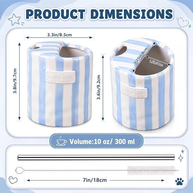 1 Pack Ceramic Coffee Mug with Sip Hole Espresso Cup 10oz with Straws Retro Hand Painted Striped Ceramic Iced Coffee Tea Travel Mug Latte Cup for Kitchen Dining (Simple,Blue) - Image 2