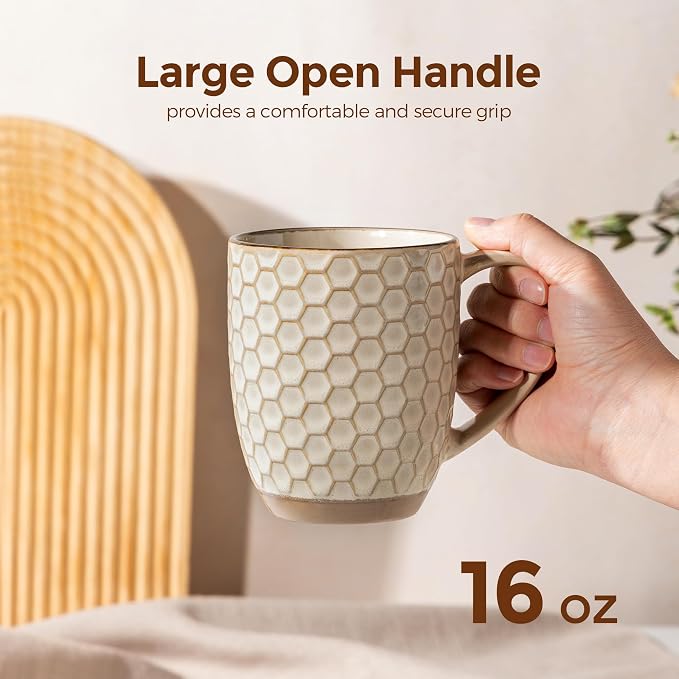 GBhome Large Coffee Mugs Set of 6, 16oz Handmade Embossed Coffee Mugs Set with Large Handle for Cappuccino/Latte/Tea/Hot Cocoa, Dishwasher & Microwave Safe, Khaki - Image 3
