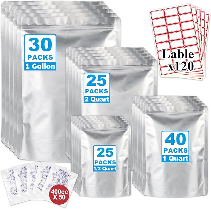 120PCS 4Size Mylar Bags for Food Storage with Oxygen Absorbers&Labels,10Mil Thick Resealable Zipper&Heat Seal Stand Up Pouches for Packaging Long Term,Dried Food by HomePage
