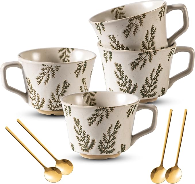 Coffee Mugs Set of 4 with Gold Spoon, 11 oz Porcelain Mug, Ceramic Tea Cups with Handle for Men Women, Hand-painted Mug, Birthday Housewarming Wedding Gift, Dishwasher Microwave Safe by Noevany