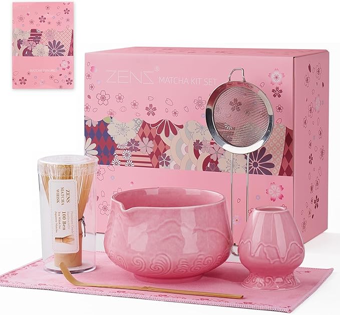 ZENS Matcha Whisk Set, 6pcs Matcha Set Pink Includes 15oz Ceramic Bowl and Bamboo Whisk (Chasen Holder) Scoop, 304 Sifter & Pink Tea Mat, Japanesse Matcha Kit for Matcha Latte-Making