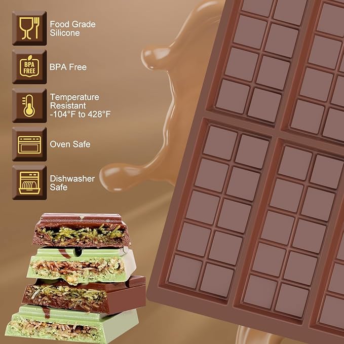 Chocolate Bar Mold, Set of 2 Non-Stick Silicone Chocolate Molds for Stuffed Bar, Food Grade Square Candy Bar Molds for Dubai Pistachio Rod, Snacks, Candies, Desserts (10 Snap)
