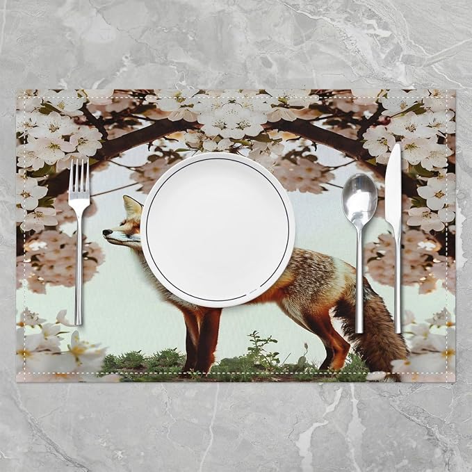 Feelyou Fox Table Place Mats 18"x12" Cute Cartoon Fox Placemats Set of 4 Ultra Soft Woodland Fox Placemat for Kitchen Dining Table Wild Animal Indoor Outdoor Decor Table Mats Cherry Blossoms - Image 2