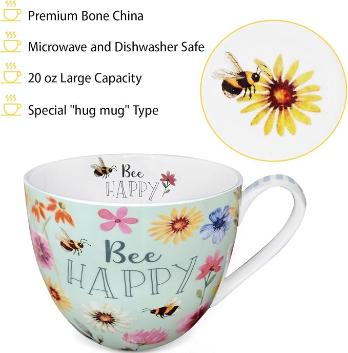 20 oz Bees & Flowers Coffee Hug Mug,“Be Happy” Designed to Spread Joy, Premium Bone China, Best Gifts for Mom Women Mothers Day, Designed in England by Harvest Green Studio - Image 4