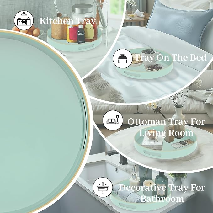 MAONAME 13" Mint Green Decorative Tray, Round Serving Tray with Handles | Plastic Decorative Tray for Coffee Table, Modern Ottoman Tray, Circle Tea Tray, Round Melamine Tray for Living Room, Bathroom - Image 7