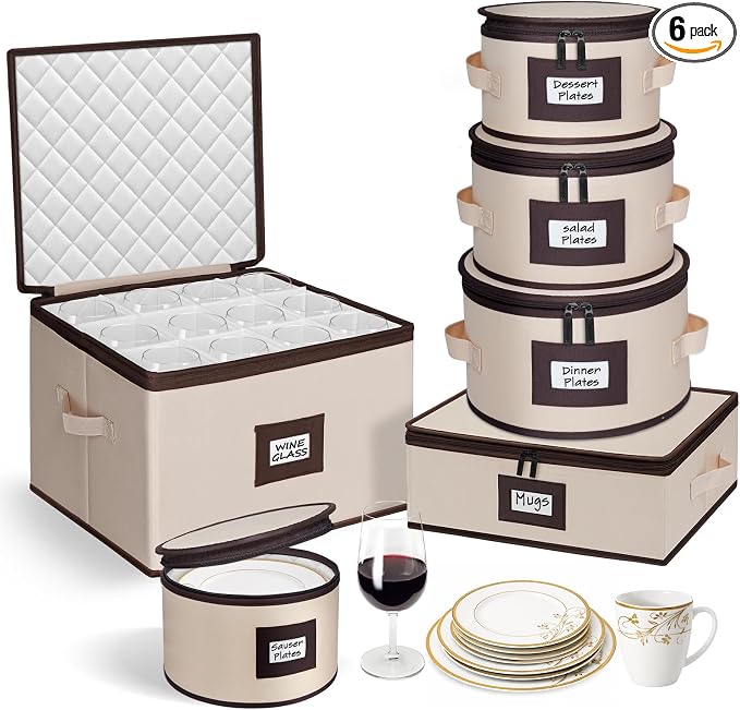 punemi 6-Piece Hard Shell China Storage Containers with Dividers, Stackable Dinnerware Storage Boxes for Plates, Mugs & Cup Organizer, Wine Glass Storage Boxes, Moving Boxes for Stemware, Beige by Punemi