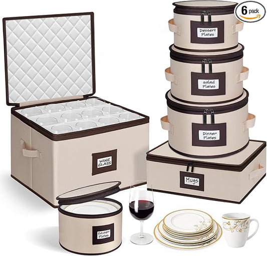punemi 6-Piece Hard Shell China Storage Containers with Dividers, Stackable Dinnerware Storage Boxes for Plates, Mugs & Cup Organizer, Wine Glass Storage Boxes, Moving Boxes for Stemware, Beige by Punemi