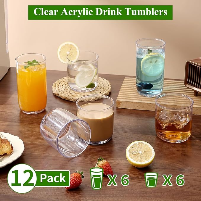 Kyraton Drinking Glasses Set of 12, PET Clear Plastic Highball Glasses 14oz & Whisky Cocktail Glasses Set 11.5oz, Heavy Duty Unbreakable Water Glasses Cup Tumbler Glassware for Beer, Juice, Milk - Image 3