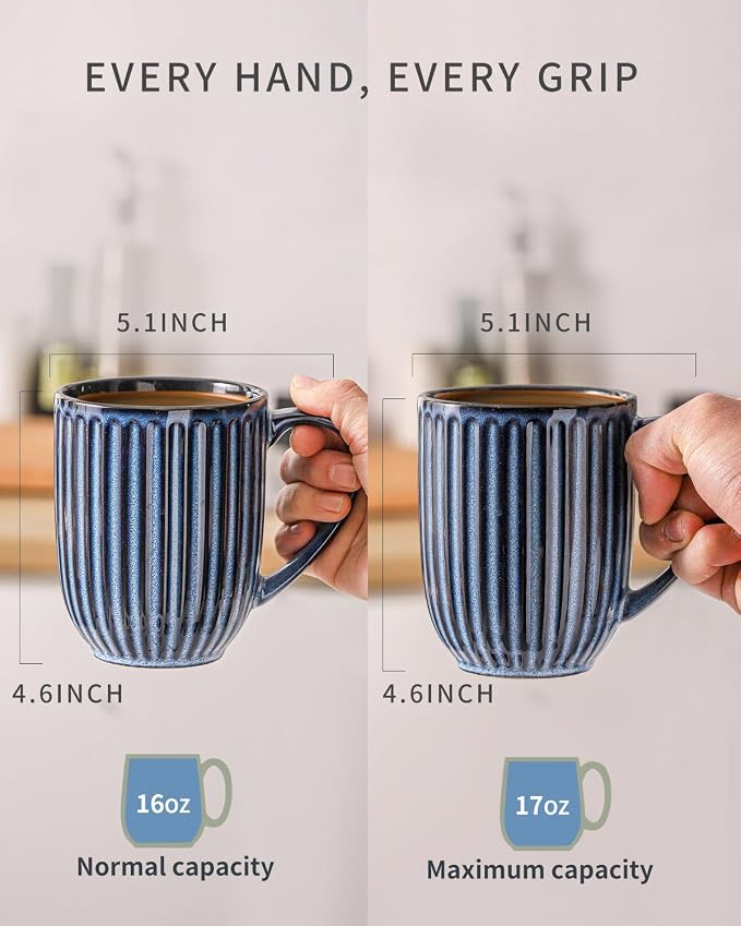 HASENSE 16 oz Ceramic Coffee Mugs Set of 4, Ribbed Navy Blue Coffee & Tea Cups, Dishwasher & Microwave Safe, Ideal for Housewarming & Wedding Gifts - Image 4