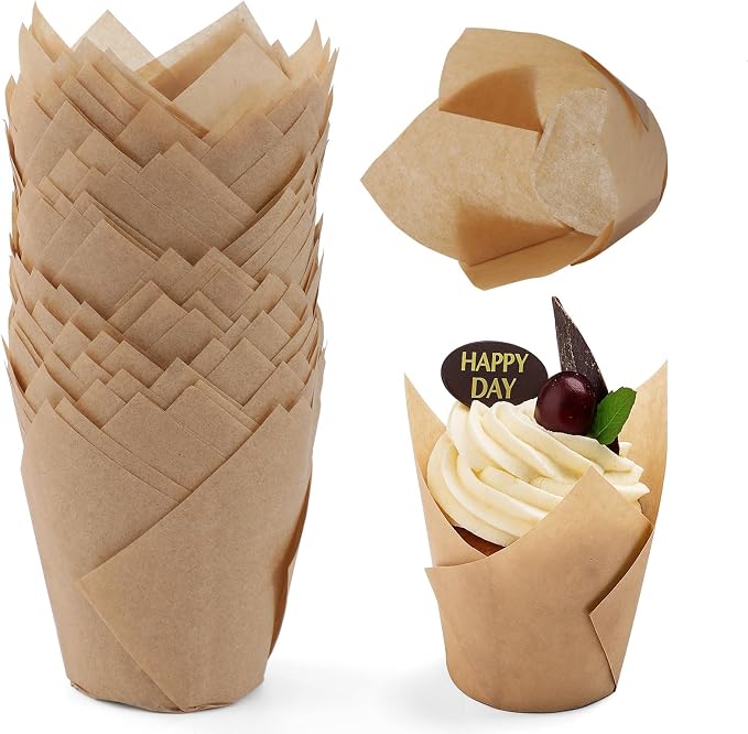 200pcs Tulip Cupcake Liners, Standard Greaseproof Paper Baking Cups Muffin Liners Holders Perfect for Bridal Showers, Baby Showers, Birthday Parties, Banquets, and Catering Events (Natural) by Taoxi