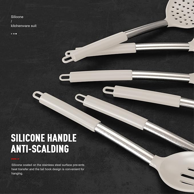 oannao Large Silicone Cooking Utensils Set - Heat Resistant Kitchen Utensils,Turner Tongs,Spatula,Spoon,Brush,Whisk,Stainless Steel Cooking Tool for Nonstick Cookware,Dishwasher Safe (Khaki) - Image 2