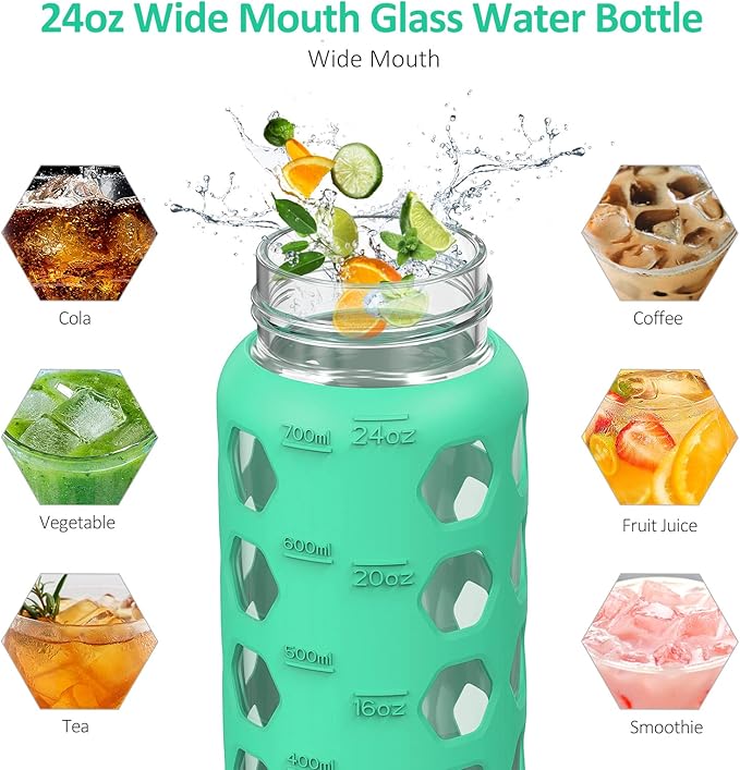 MUKOKO 24oz Glass Water Bottle with 2 Lids-Handle Flip Lid&Bamboo Straw Lid,Motivational Water Tumbler with Time Marker Reminder and Silicone Sleeve, Leakproof-Green
