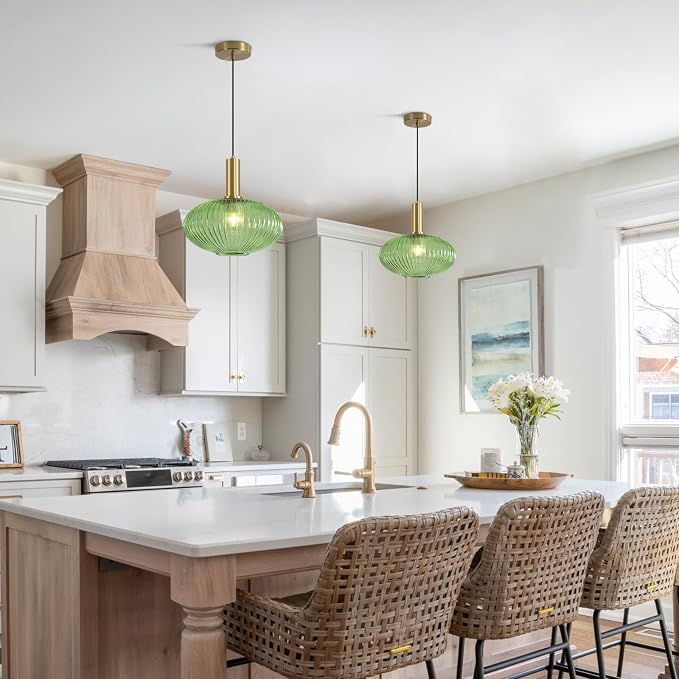 KCO Gold Brass 11.8” Large Vintage Green Ribbed Fluted Glass Pendant Light | E26 Adjustable Lantern Hanging Light for Sloped Ceiling Mid Century Modern Ceiling Light for Kitchen Island Sink Dining Room - Image 4