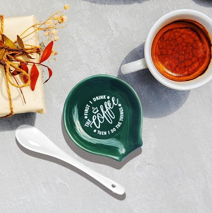 Littlefa Coffee Spoon Rest Holder-Coffee Bar Accessories-Blackish Green | Funny Ceramic Coffee Spoon Rest for Coffee Bar Accessories Essentials, Coffee Lovers Gifts, But First I Drink Sign - Image 5