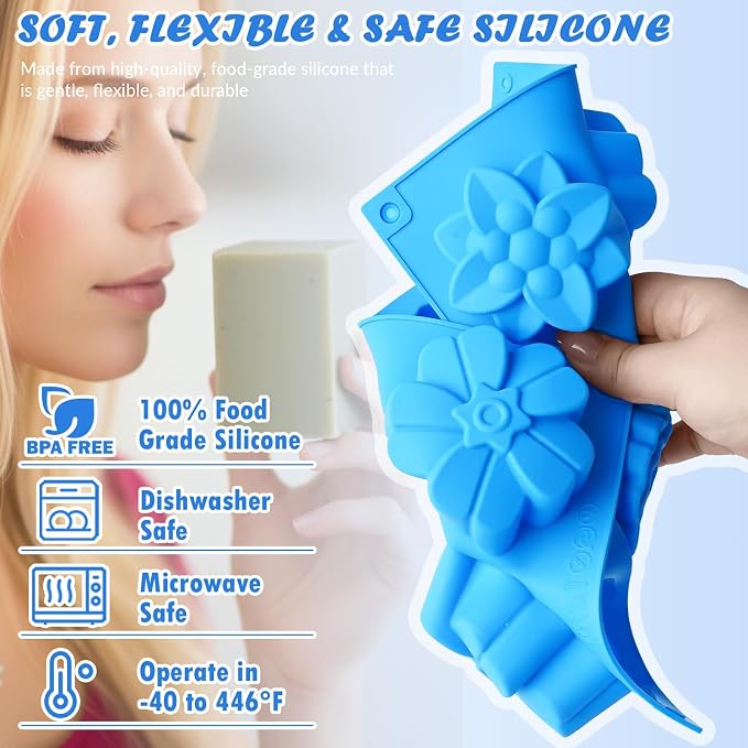 HKNMTT Square Flower Rectangle Bar Molds Silicone, 7 Shapes for Chocolate Soap Making Shower Steamer Homemade Bath Bomb Lotion Shampoo Bar Dessert DIY Set Non-stick Craft Food Grade 3 Pack - Image 5