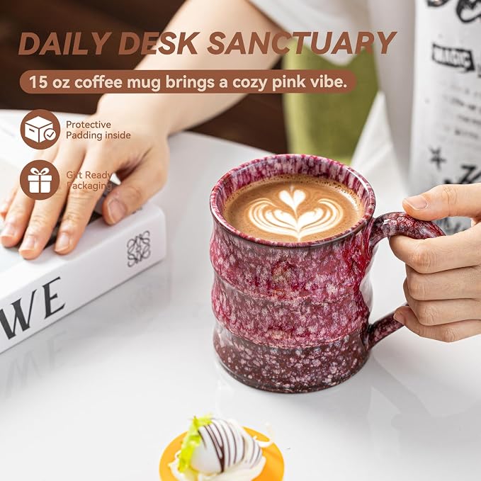 Unique Reactive Glaze Cherry Red Ceramic Coffee Mug - 15 oz Large Coffee Cup M-HY025-43-ZJYHH - Image 5