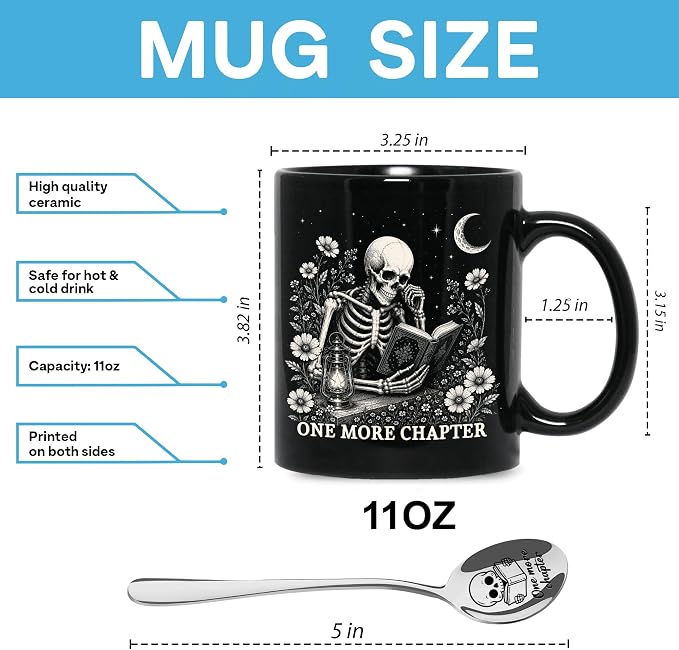 Hyturtle Funny Skeleton Reading Coffee Mug with Spoon Gifts for Book Lovers | Spooky Reading Themed Gifts for Readers, Halloween Decor, Premium double-sided print 11oz ceramic mug, Comfort grip handle - Image 4
