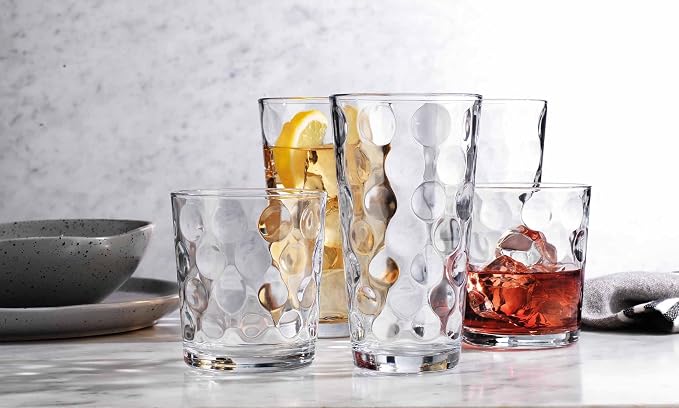 Home Essentials Drinking Glasses Set of 16, 8 Highball Glasses -17 oz., 8 Rocks Whiskey Glass Cups 13 oz., Inner Circular Lensed Glass Cups. - Image 4