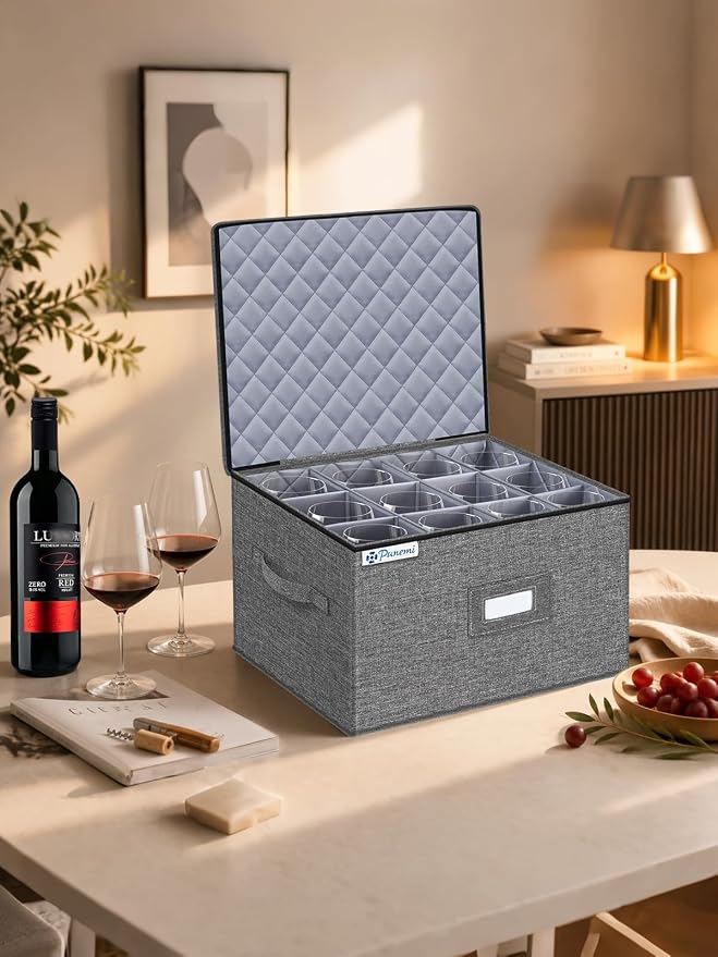 Wine Glass Storage Box for 24 Glasses, Hard Shell Stackable Moving Case | Hard shell side and bottom support with padded dividers for crystal glasses, stemware and drinkware; stackable for moving - Image 7