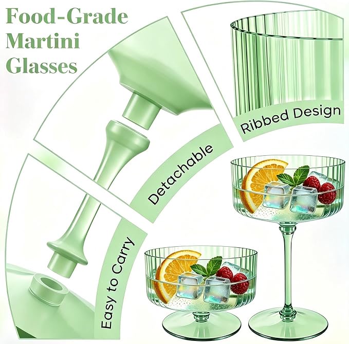 PLULON 6 Pcs Sage Green Coupe Martini Glasses Cocktail Champagne Cup 10 Oz | Ribbed Plastic Martini Espresso Glasses for Bar Drinking Gifts Wedding Birthday Party, Detachable Margarita Cup Glassware - Image 2