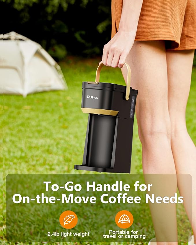 Tastyle Mini Single Serve Coffee Maker for K Cups and Grounds with Handle | for Travel, Camping, Office, RV and Dorm, Portable Handle, 120V, 6 to 12 Oz Brew Size, BPA Free, K302, Black and Gold - Image 5