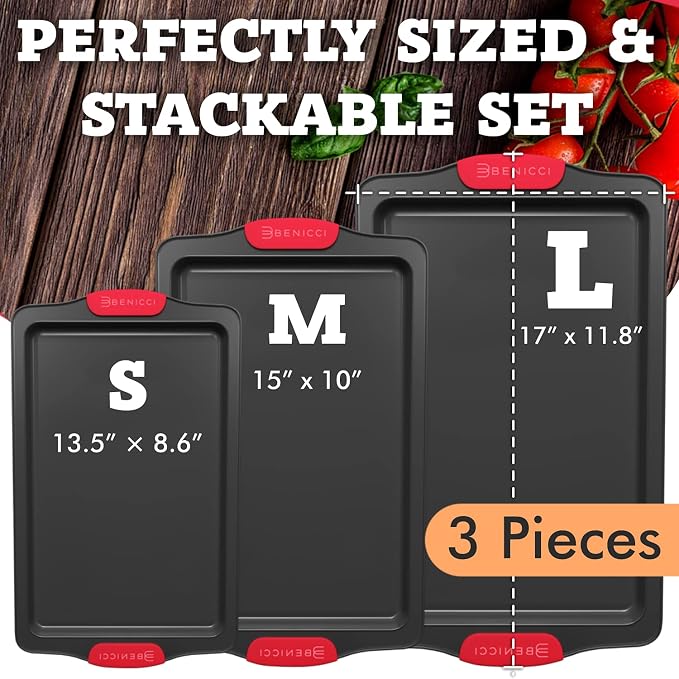 Premium Non-Stick Baking Sheets Set of 3 - Deluxe BPA Free, Easy to Clean Racks w/Silicone Handles - Bakeware Pans for Cooking Baking Roasting - Lets You Bake The Perfect Cookie or Pastry Every Time - Image 3