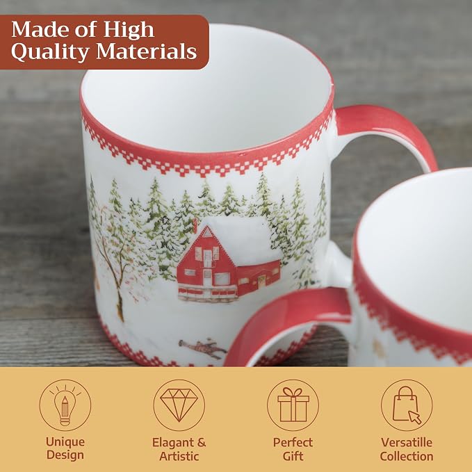 Maison d' Hermine Coffee Mug with Handles Tea Cups (12 Ounce, Pack of 2) | Fine Bone China Coffee Mugs for Hot Beverages Cappuccino Latte Home Restaurant Hotel Spring Summer -Rural Christmas - Image 3