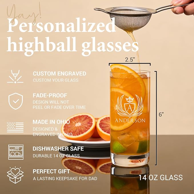 Personalized Highball Glass, Custom Engraved Monogrammed Tall Cocktail Cup | 14oz Collins Glass & Bar Glassware for Birthday & Housewarming, Dishwasher Safe Drinking Glass for Mojito, Iced Tea - Image 5