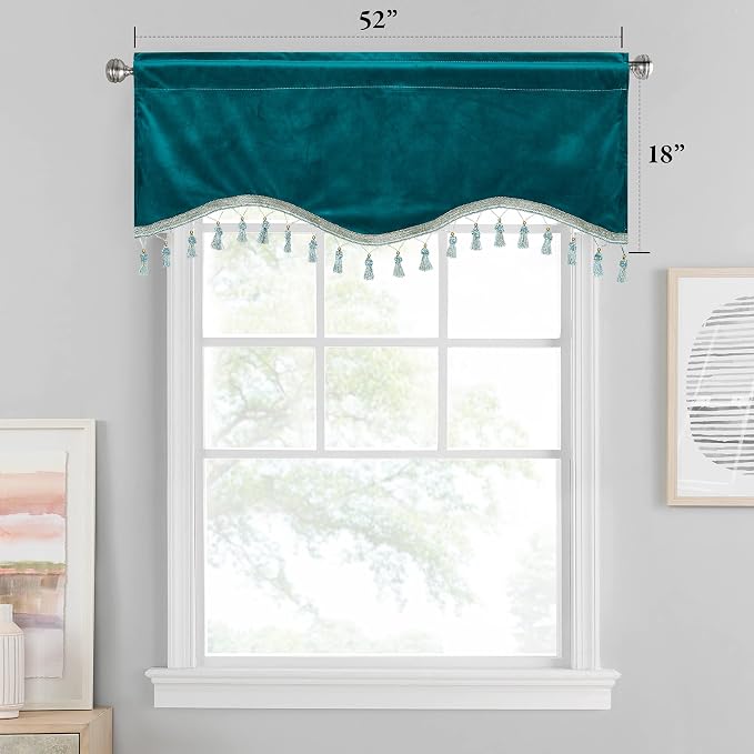 Teal Tassel Velvet Valances Curtains 52x18 Inch 2 Panels | Super Soft Thick Fabric, Privacy Light Dimming Window Drapes for Living Room, Bedroom, Kitchen, Bathroom, Rod Pocket - Image 2