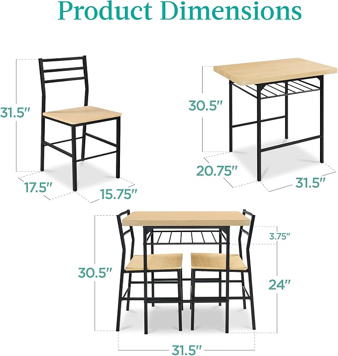 Best Choice Products 3-Piece Modern Dining Set, Space Saving Dinette for Kitchen, Dining Room, Small Space w/Steel Frame, Built-in Storage Rack - Natural/Black - Image 2