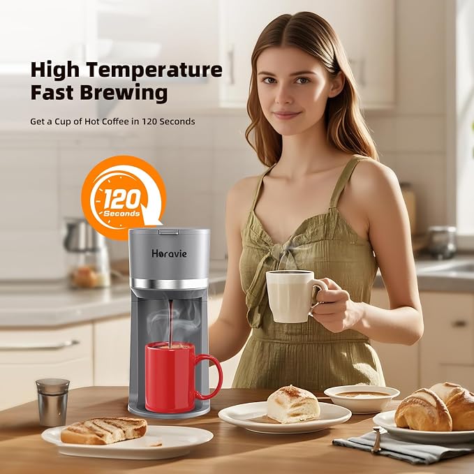 Horavie Mini Single Serve Coffee Maker for K Cup Pods and Grounds, Fast Brew One Cup Coffee Machine with Descaling Reminder and Water Window, 6 to 12 oz. Brew Sizes, Gray - Image 3