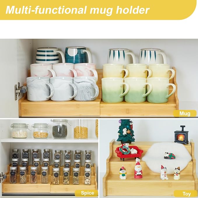 Hongtamoya 3-Tier Expandable Bamboo Mug Holder For Countertop Coffee Cup Holder Display Mug Organizer Mug Rack for Coffee Bar Organizer Mug Shelf for Cabinet for Kitchen, Home - Image 8
