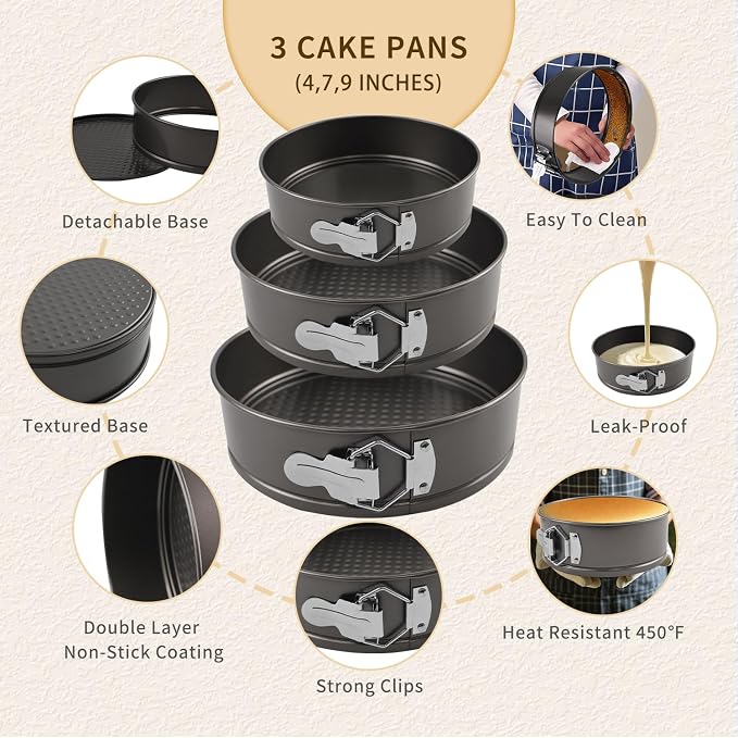 Springform Pan Set, 4" 7" 9" Nonstick Cheesecake Pan, Round Cake Pans, Leakproof Cake Tins with Removable Bottom, Springform Cake Pans Baking Pans - Image 2