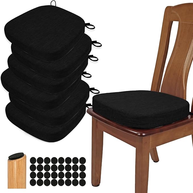 BUYUE Thickened 2.5" Dining Chair Cushions Set of 6, U-Shape High Density Foam Comfortable Chair Pads for Kitchen, Slip Resistant Indoor Seat Cushions (6 PCS, Black) by BUYUE