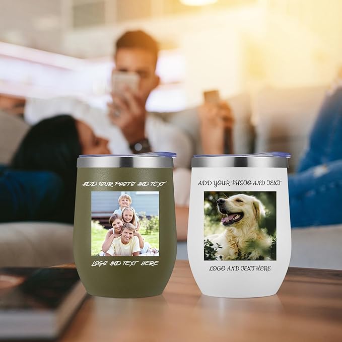 24 Pack Personalized Wine Tumbler,12oz Custom Stainless Steel Coffee Mug,Tumblers with Lids,Customizable with Picture and Names Engraving,Suitable for Woman,Men,Families and Travel