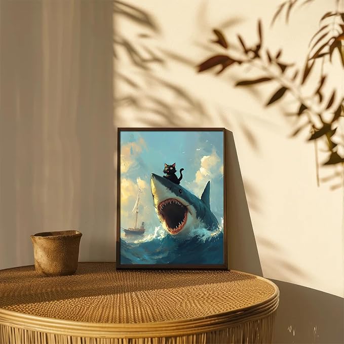 XOCUUI Cat Riding Shark Canvas Funny Cat Canvas Animal Decor Funny Shark Picture Coastal Theme Artwork Animal Prints Abstract Fish Picture Black cat Painting For Lover 8x10 - Unframed - Image 7