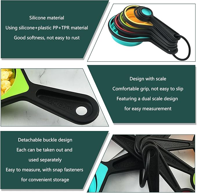 8-Piece Foldable Measuring Spoons/Cups, Space-Saving Collapsible Kitchen Essentials with ml/Cup/TSP Markings, BPA-Free Silicone for Baking, Cooking UK