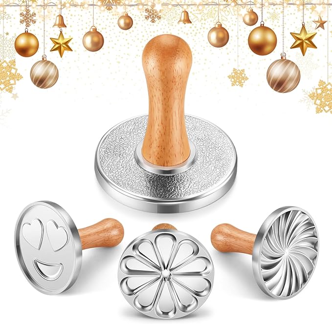 OPPEIN Cookie Stamps, Metal Christmas Cookies Press Cutter Mold with Wooden Handle, Cookie Decorating Supplies for DIY Baking, Cake, Pastry, Christmas (Silver-3*)