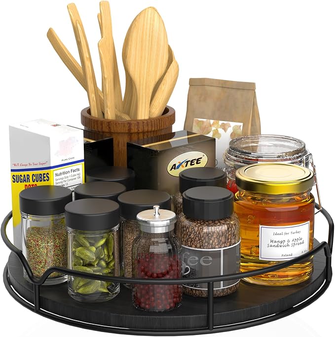 Lazy Susan Turntable Organizer with Anti-Slip Mat for Cabinet Pantry Kitchen Countertop Refrigerator Office, Pine Wood, 13", Black - Image 5