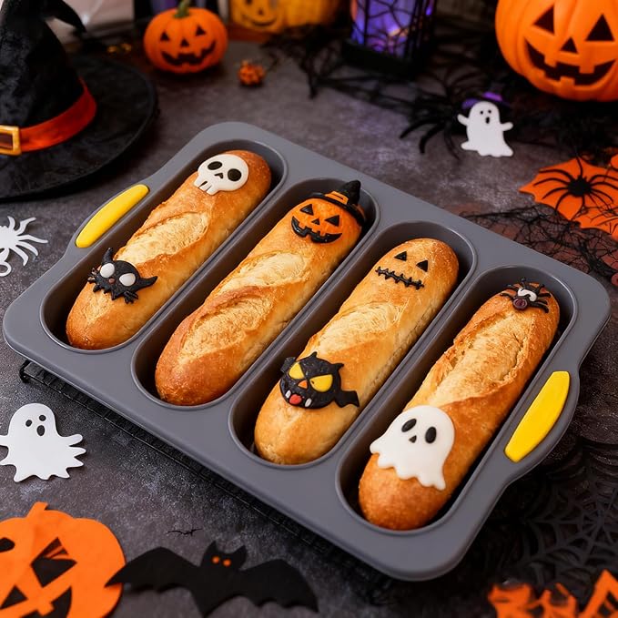 Silicone Bread Loaf Pan, Nonstick Sourdough Loaf Pan & Heat Resistant Baguette Bread Pan, Silicone Molds for Baking Hoagie Rolls, Hot Dog Bun (Grey-Hot Dog)