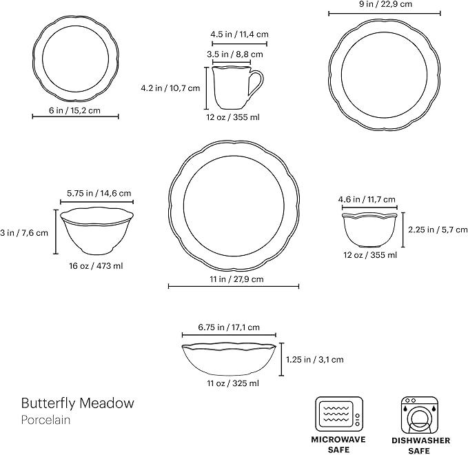 Lenox Dinnerware Set, Butterfly Meadow 28-Piece Set, Service For 4, Porcelain Plates With Scalloped Edges, Plates And Bowls Sets, Microwave Safe, Dishwasher Safe, Home & Kitchen (28 Piece, Assorted) - Image 2