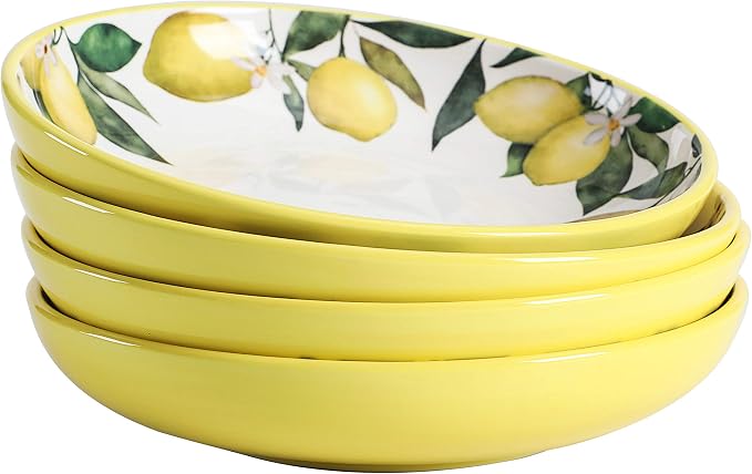 Bico Lemon Dreams Pasta Bowls, 35oz Salad Bowl Set of 4, Large Ceramic Serving Dinner Bowls for Soup and Cereal, Microwave and Dishwasher Safe, Gift for Housewarming and Thanksgiving by Bico