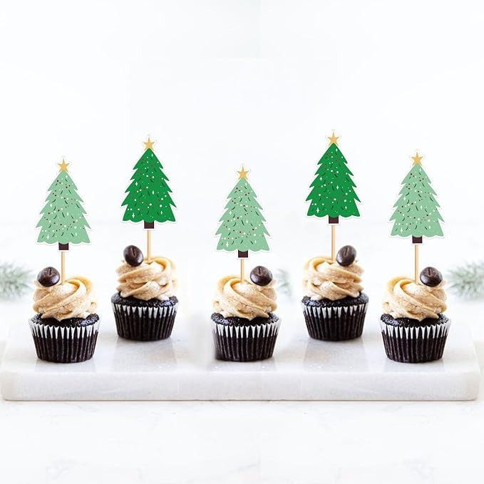 24PCS Christmas Tree Cupcake Toppers Picks Xmas Holiday Cupcake Picks Merry Christmas Theme Holiday Boy Girl Birthday Baby Shower Party Supplies Green - Image 3