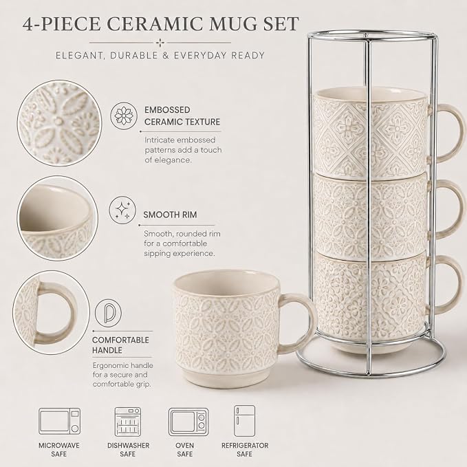 6 Oz Coffee Cups Set of 4, Espresso Cups with Stand, Stackable Cappuccino Mugs Set, Embossed Coffee Cup for Latte, Tea, Cocoa, Mocha, Housewarming Present, Dishwasher Safe - Image 4