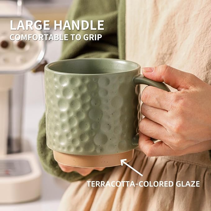 Nihow 16 Oz Ceramic Coffee Mug Set of 4 with Stackable Stand,Matte Green | Stackable, Stainless Stand Included, Cappuccino & Tea, Hot/Cold Drinks, Dishwasher & Microwave Safe - Image 4