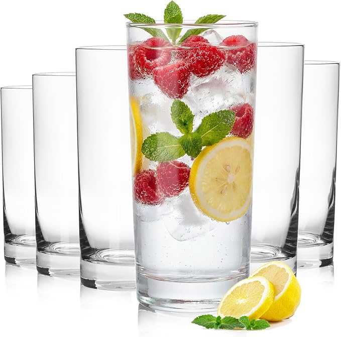 Highball Glasses, Premium Clear Crystal Glassware, 16 oz, Set of 6 | Elegant Tall Highball Glasses for Water, Juice, Mojitos and Cocktails, Perfect for Everyday Use by ICESIP